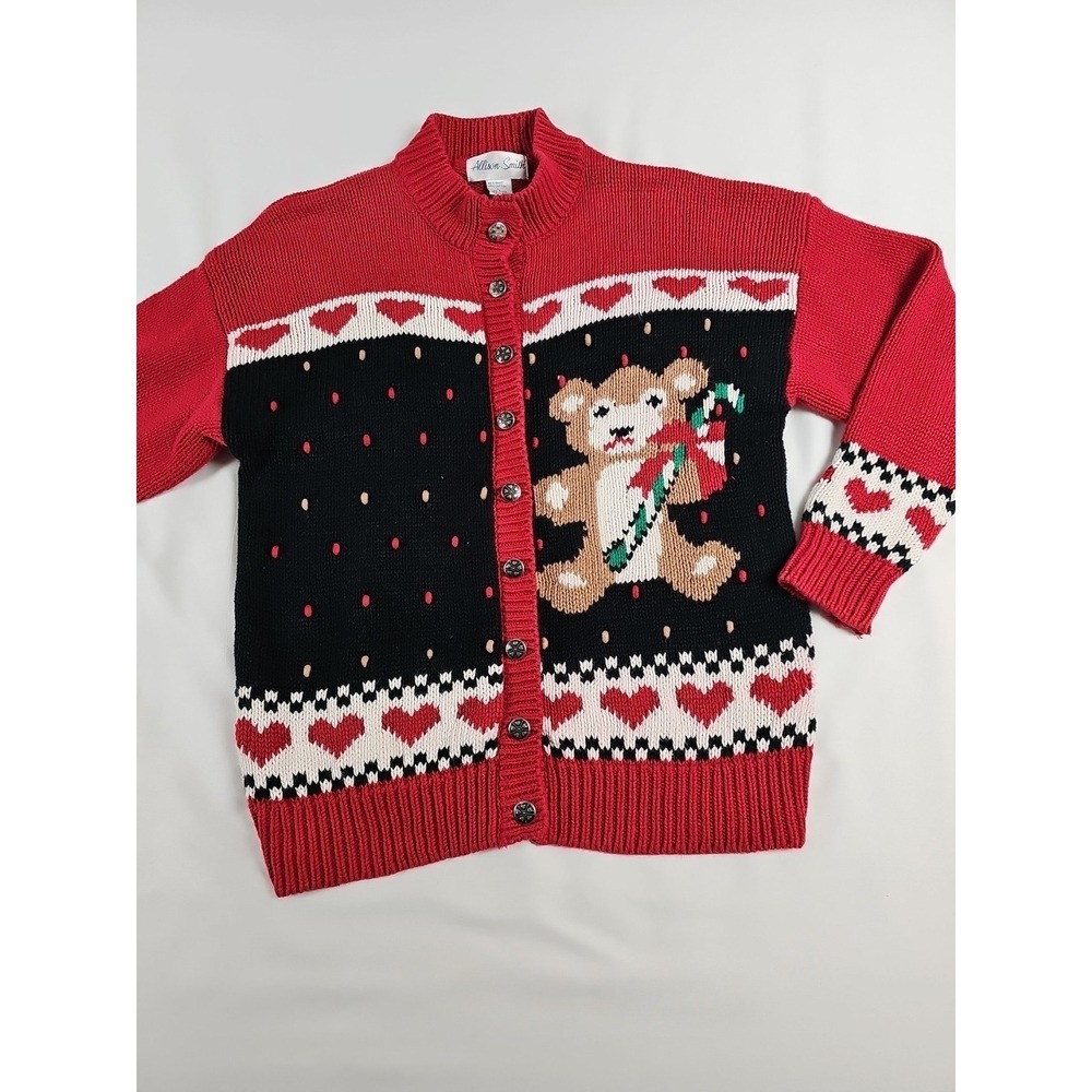 VTG Allison Smith‎ Christmas Teddy Bear Cardigan Sweater Adult L